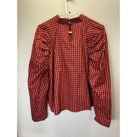 H&M Women’s Red & Black Gingham Check Plaid Big Puff Sleeve Blouse Size XL - Picture 3 of 5